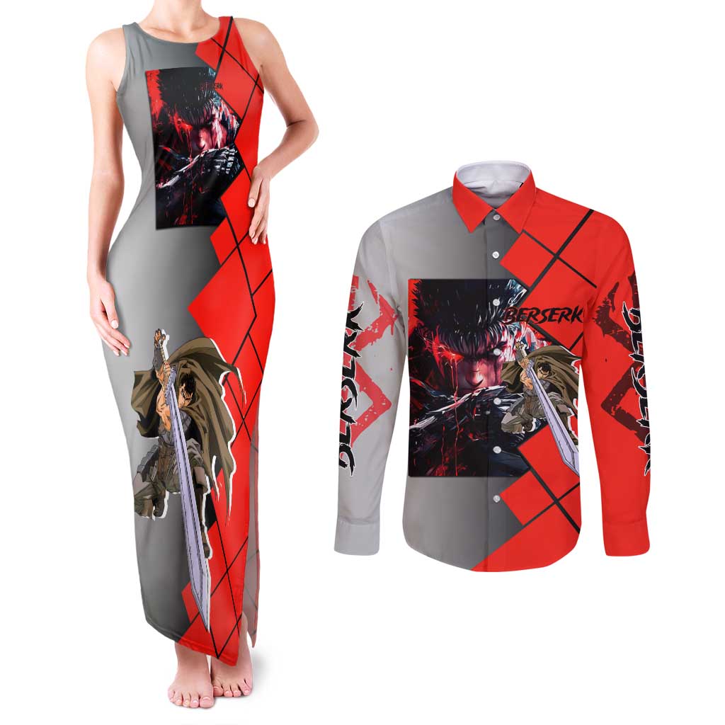 Guts Berserk Couples Matching Tank Maxi Dress and Long Sleeve Button Shirt with Dragonslayer Sword and Intense Battle Pose Design - The Mazicc