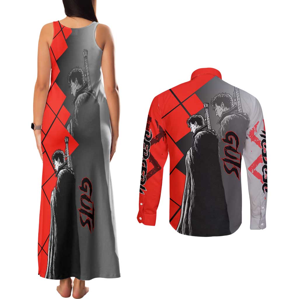 Guts Berserk Couples Matching Tank Maxi Dress and Long Sleeve Button Shirt with Dragonslayer Sword and Intense Battle Pose Design - The Mazicc