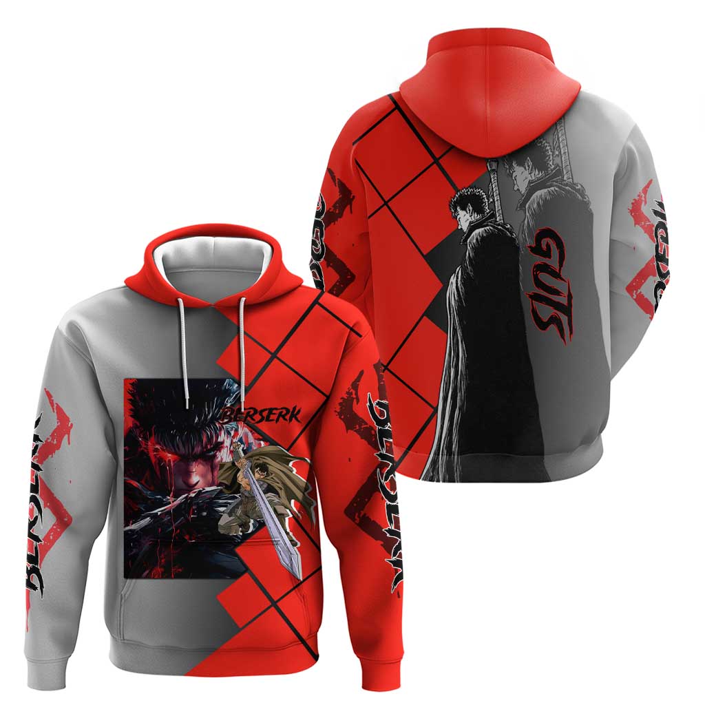 Guts Berserk Hoodie with Dragonslayer Sword and Intense Battle Pose Design - The Mazicc