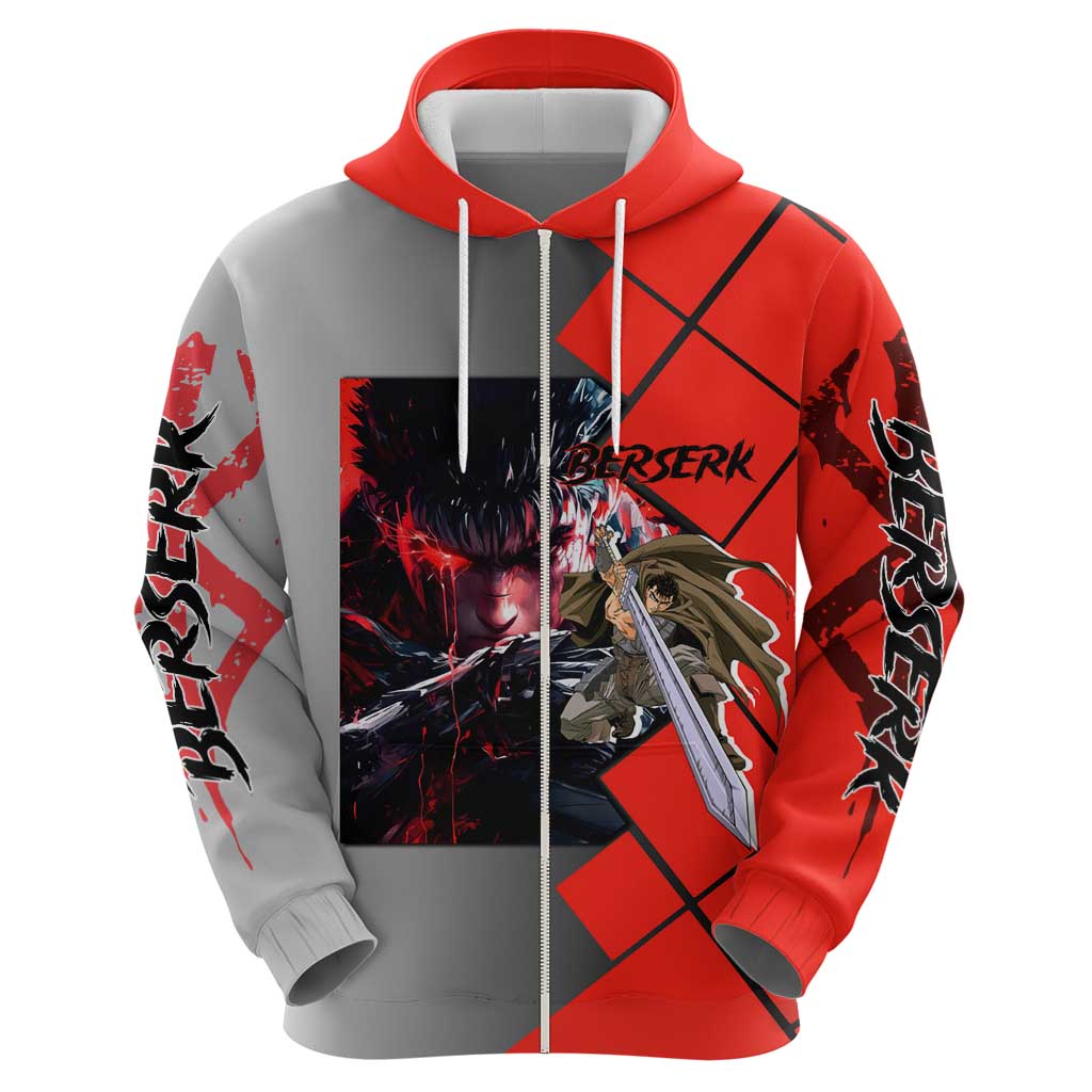 Guts Berserk Hoodie with Dragonslayer Sword and Intense Battle Pose Design - The Mazicc