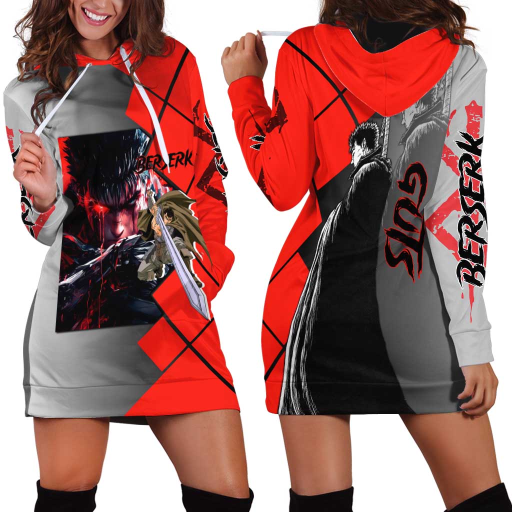Guts Berserk Hoodie Dress with Dragonslayer Sword and Intense Battle Pose Design - The Mazicc