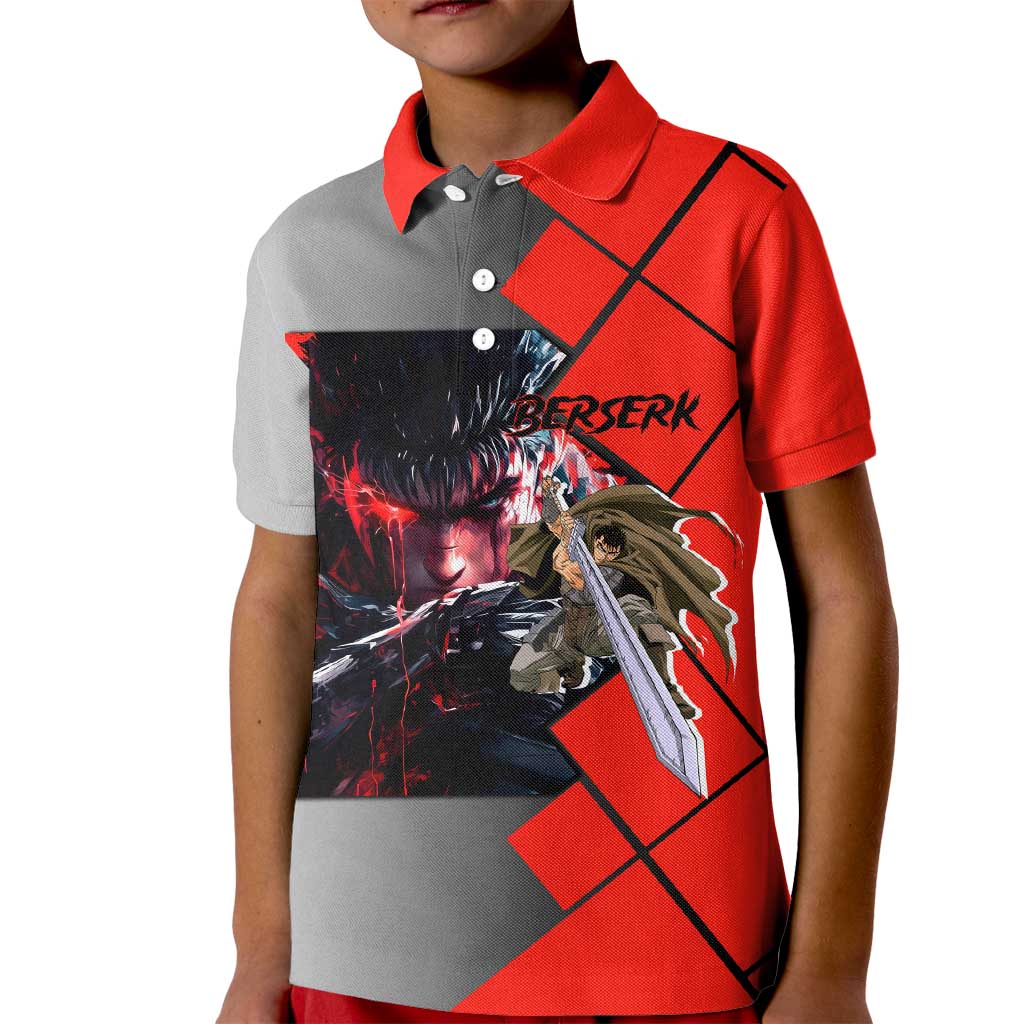 Guts Berserk Kid Polo Shirt with Dragonslayer Sword and Intense Battle Pose Design - The Mazicc