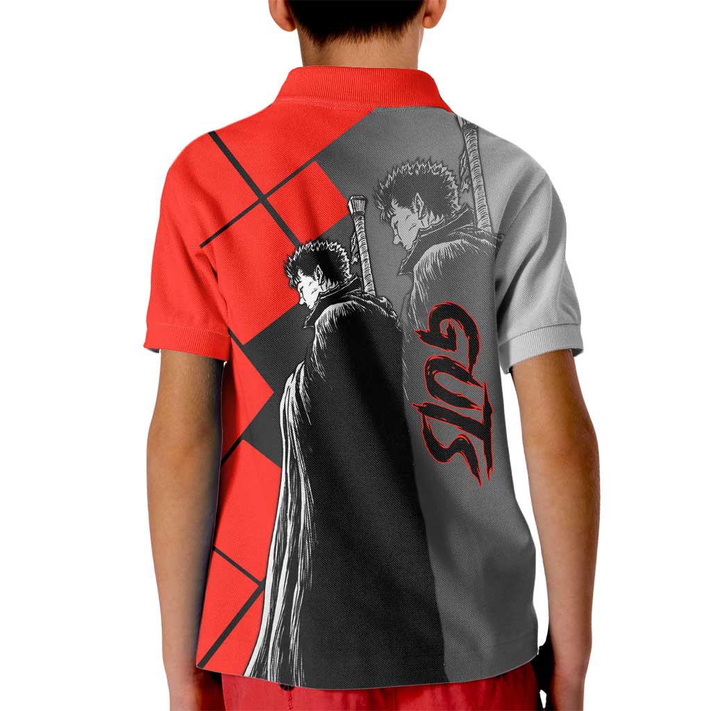 Guts Berserk Kid Polo Shirt with Dragonslayer Sword and Intense Battle Pose Design - The Mazicc