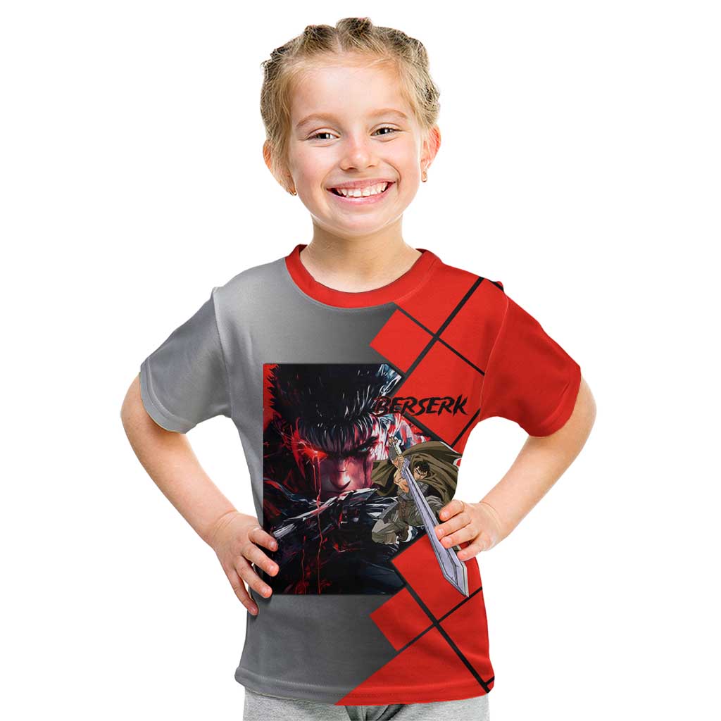 Guts Berserk Kid T Shirt with Dragonslayer Sword and Intense Battle Pose Design - The Mazicc