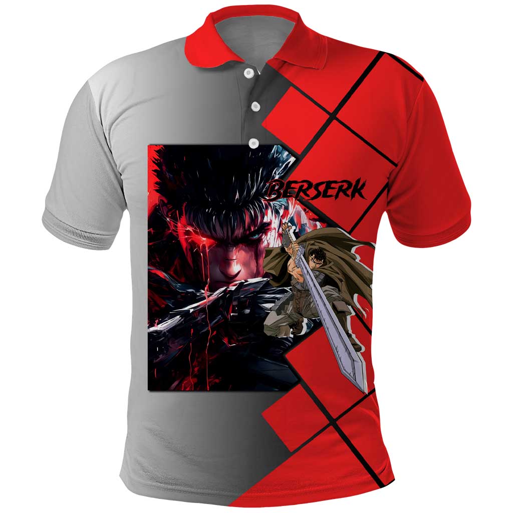 Guts Berserk Polo Shirt with Dragonslayer Sword and Intense Battle Pose Design - The Mazicc