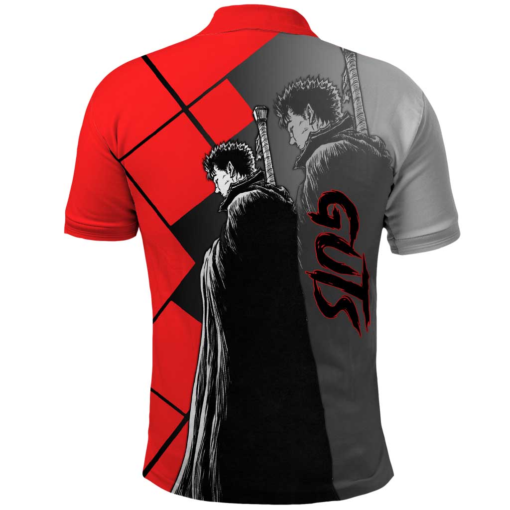 Guts Berserk Polo Shirt with Dragonslayer Sword and Intense Battle Pose Design - The Mazicc