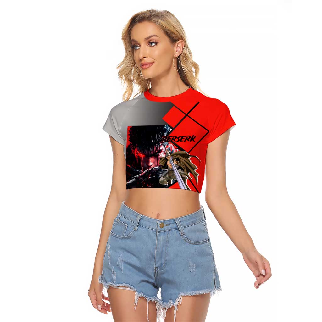 Guts Berserk Raglan Cropped T Shirt with Dragonslayer Sword and Intense Battle Pose Design - The Mazicc