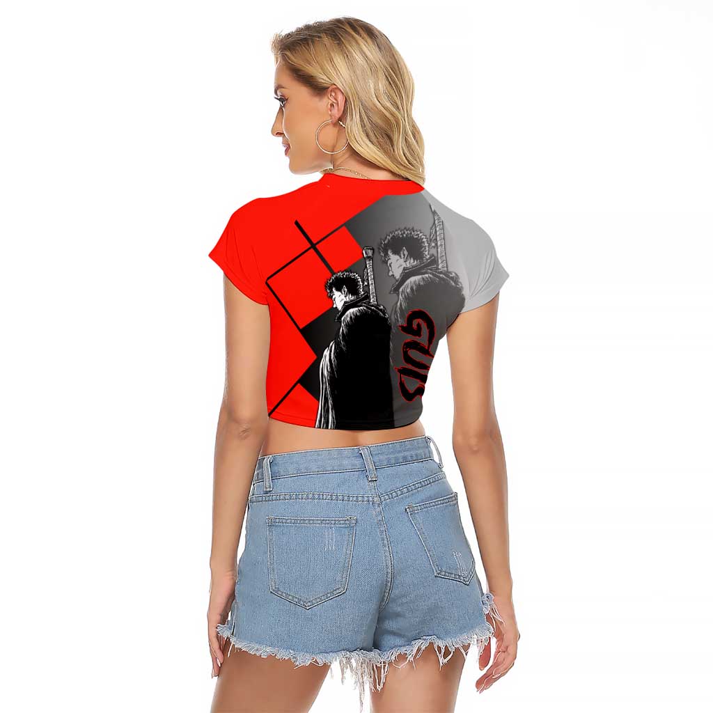 Guts Berserk Raglan Cropped T Shirt with Dragonslayer Sword and Intense Battle Pose Design - The Mazicc