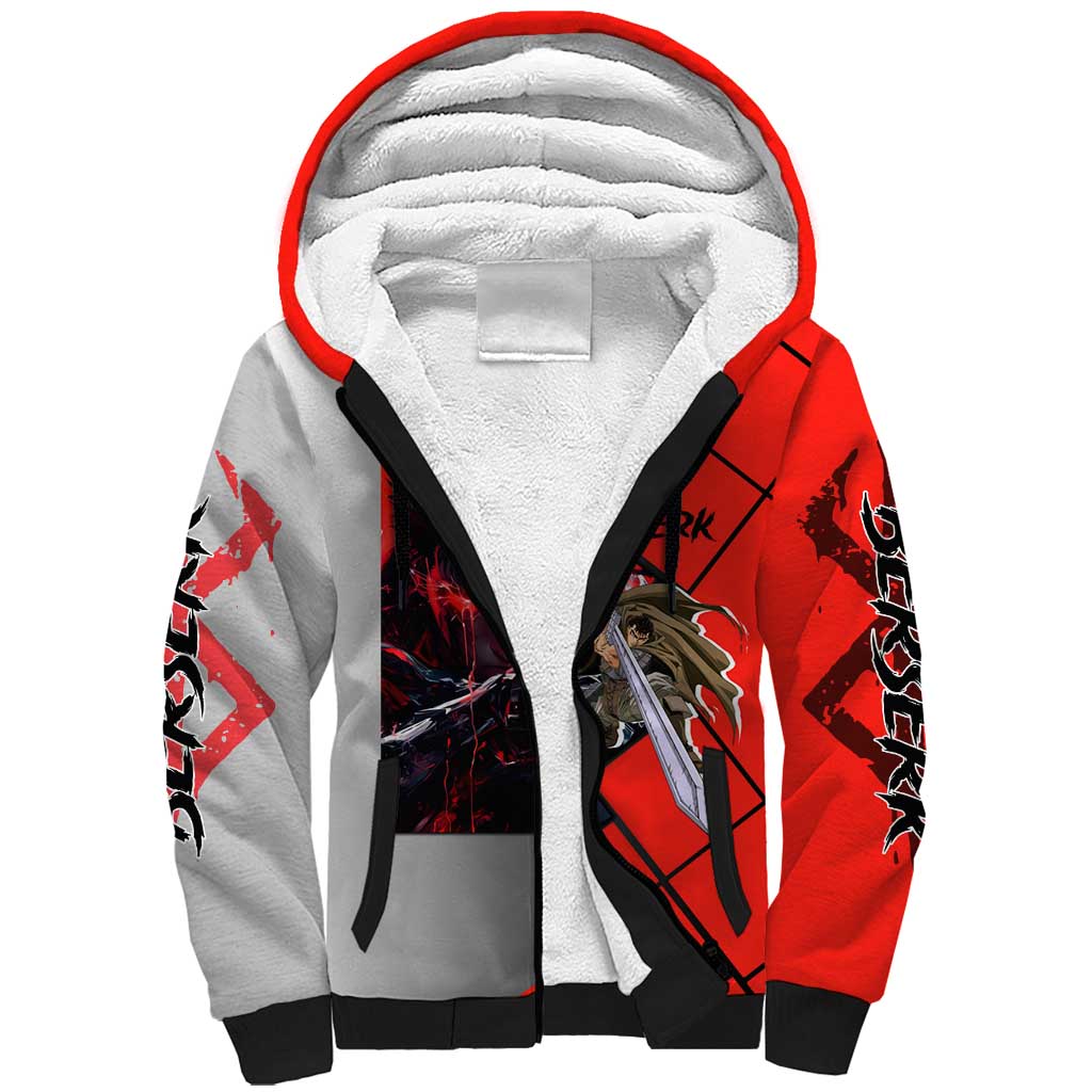 Guts Berserk Sherpa Hoodie with Dragonslayer Sword and Intense Battle Pose Design - The Mazicc
