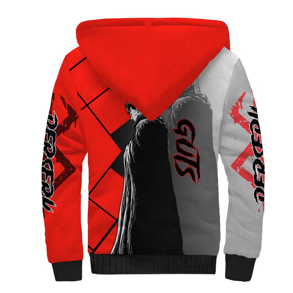 Guts Berserk Sherpa Hoodie with Dragonslayer Sword and Intense Battle Pose Design - The Mazicc