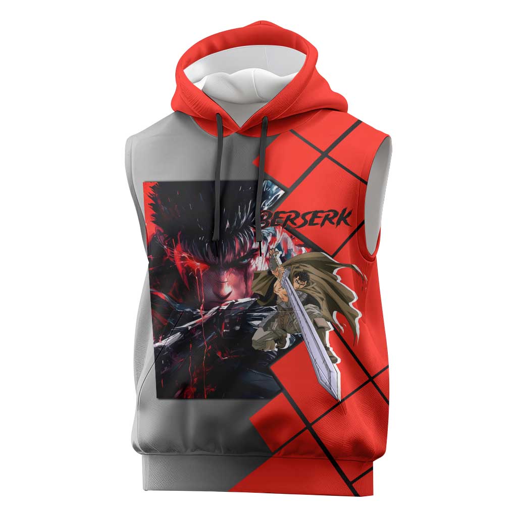 Guts Berserk Sleeveless Hoodie with Dragonslayer Sword and Intense Battle Pose Design - The Mazicc