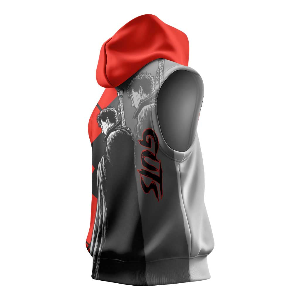 Guts Berserk Sleeveless Hoodie with Dragonslayer Sword and Intense Battle Pose Design - The Mazicc