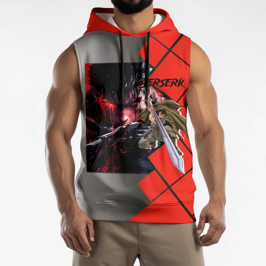 Guts Berserk Sleeveless Hoodie with Dragonslayer Sword and Intense Battle Pose Design - The Mazicc