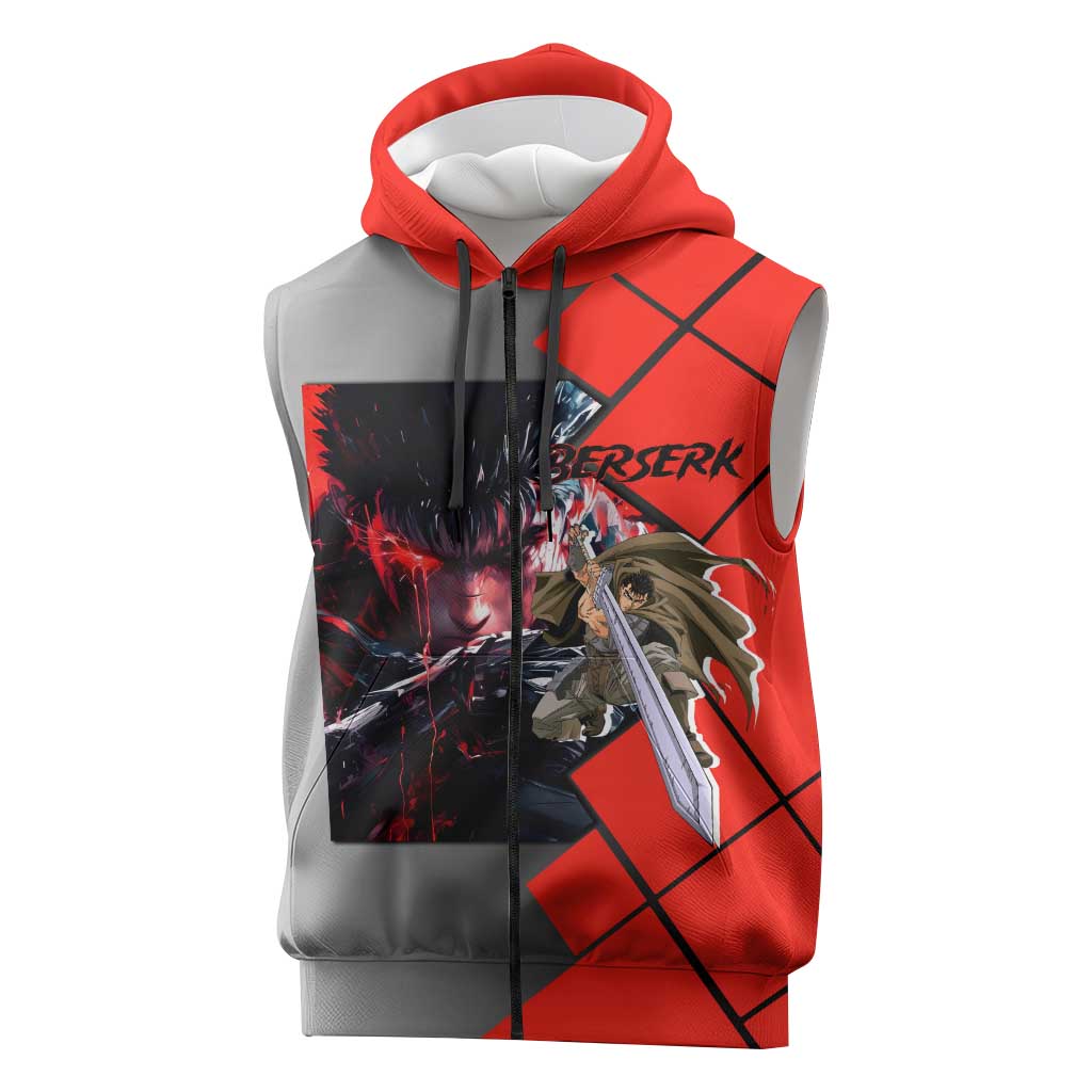 Guts Berserk Sleeveless Zip Hoodie with Dragonslayer Sword and Intense Battle Pose Design - The Mazicc