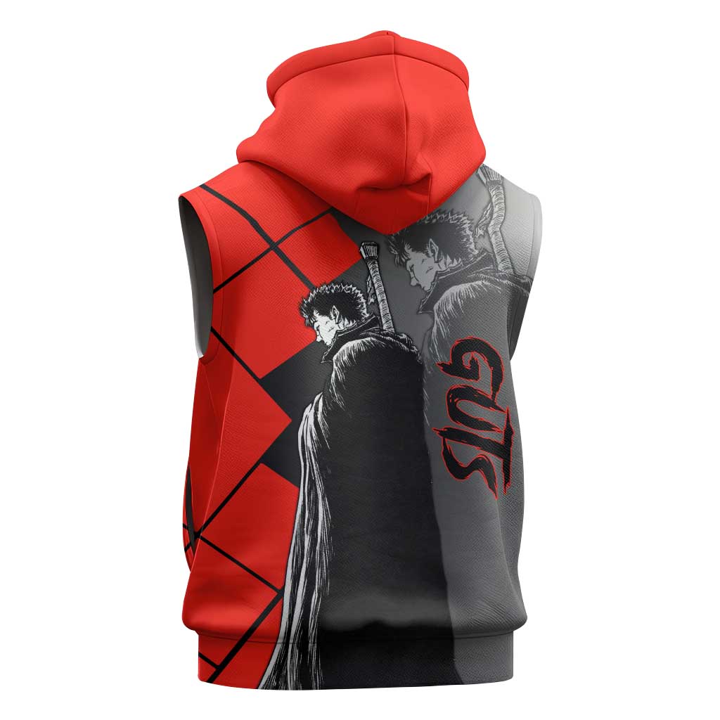 Guts Berserk Sleeveless Zip Hoodie with Dragonslayer Sword and Intense Battle Pose Design - The Mazicc
