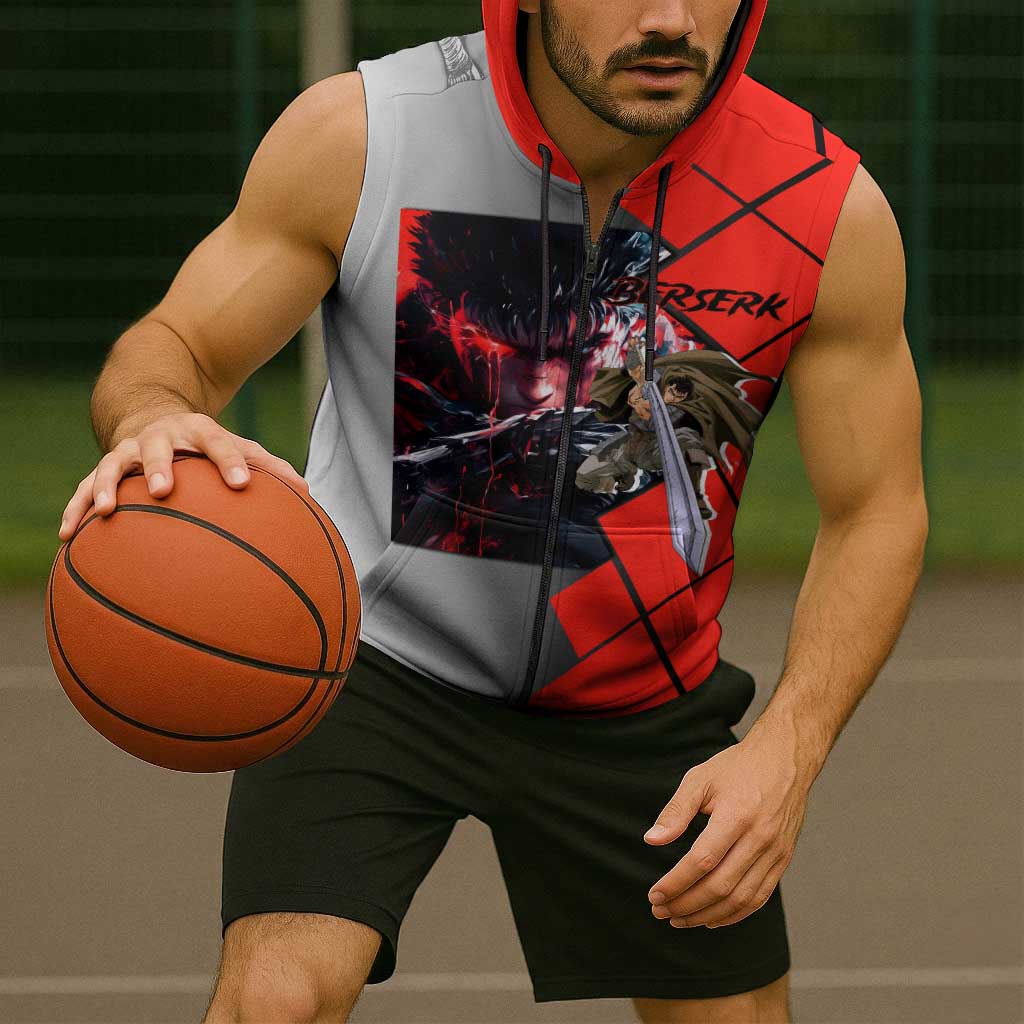 Guts Berserk Sleeveless Zip Hoodie with Dragonslayer Sword and Intense Battle Pose Design - The Mazicc