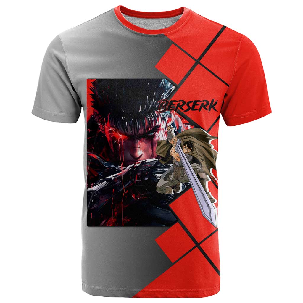 Guts Berserk T Shirt with Dragonslayer Sword and Intense Battle Pose Design - The Mazicc