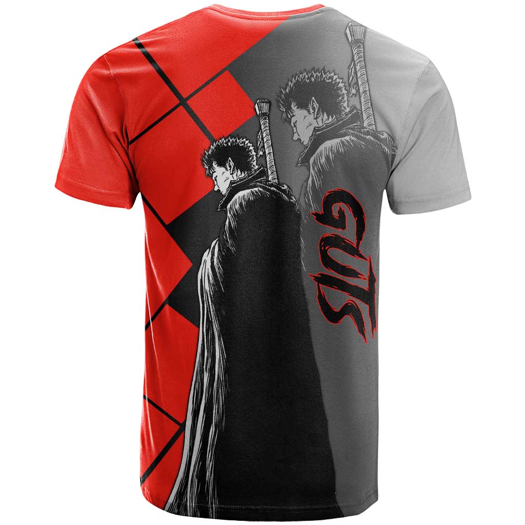 Guts Berserk T Shirt with Dragonslayer Sword and Intense Battle Pose Design - The Mazicc