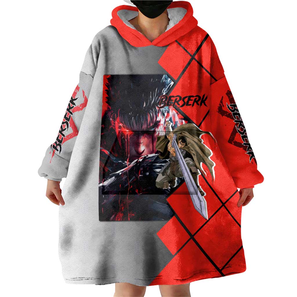 Guts Berserk Wearable Blanket Hoodie with Dragonslayer Sword and Intense Battle Pose Design - The Mazicc