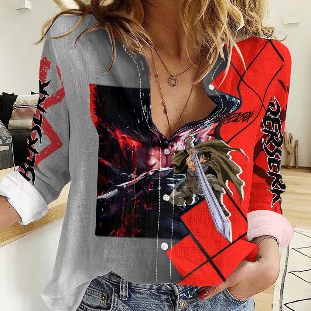 Guts Berserk Women Casual Shirt with Dragonslayer Sword and Intense Battle Pose Design - The Mazicc