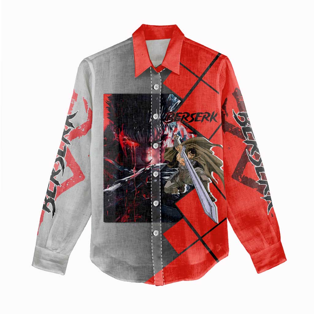 Guts Berserk Women Casual Shirt with Dragonslayer Sword and Intense Battle Pose Design - The Mazicc
