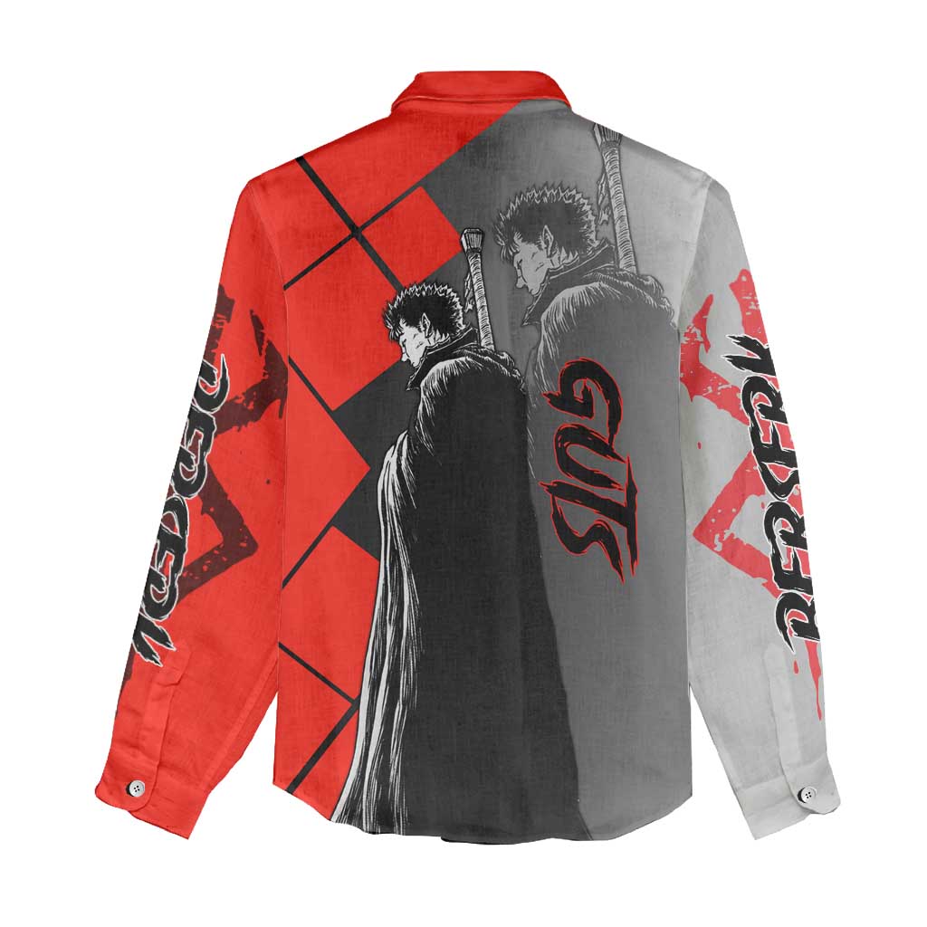 Guts Berserk Women Casual Shirt with Dragonslayer Sword and Intense Battle Pose Design - The Mazicc