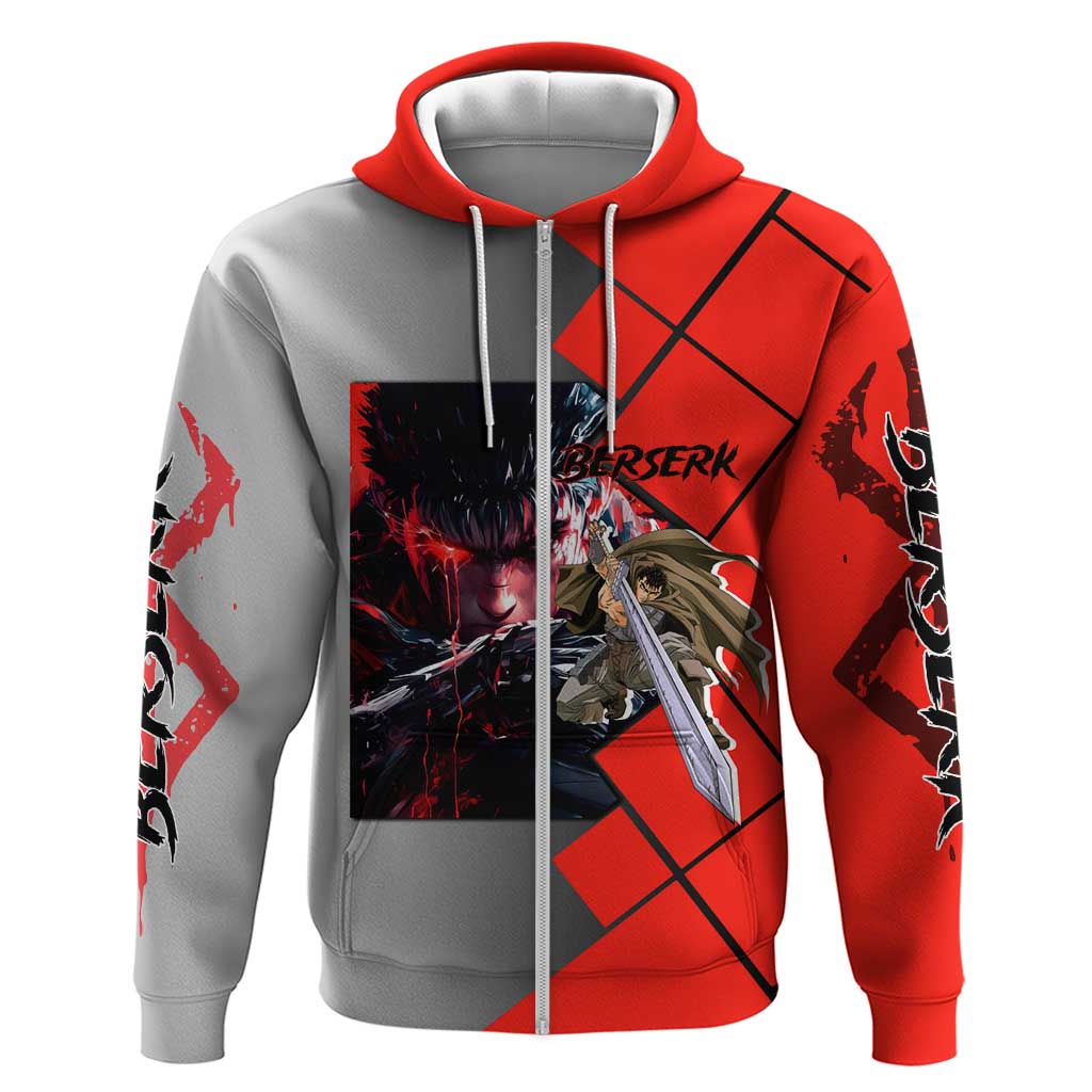 Guts Berserk Zip Hoodie with Dragonslayer Sword and Intense Battle Pose Design - The Mazicc