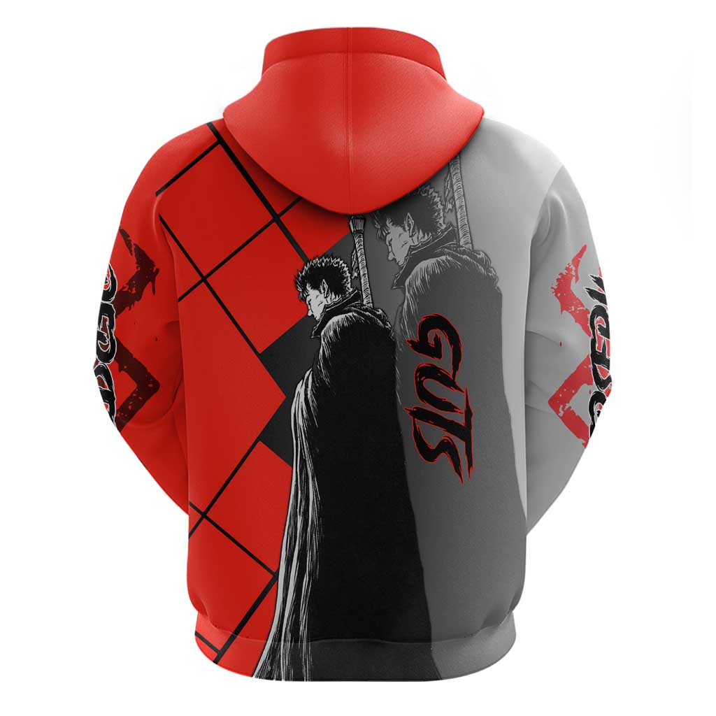 Guts Berserk Zip Hoodie with Dragonslayer Sword and Intense Battle Pose Design - The Mazicc