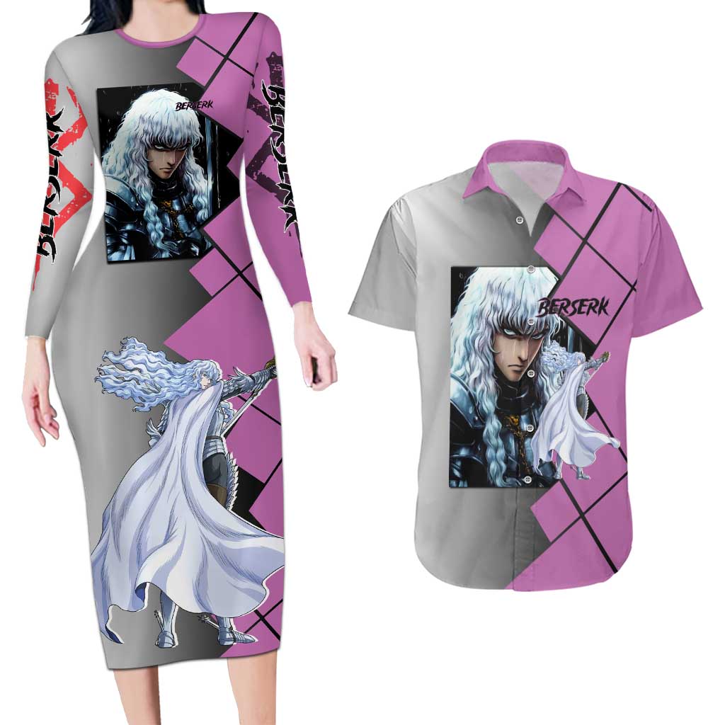 Griffith Berserk Couples Matching Long Sleeve Bodycon Dress and Hawaiian Shirt with White Falcon Armor and Strategic Battle Pose Design - The Mazicc