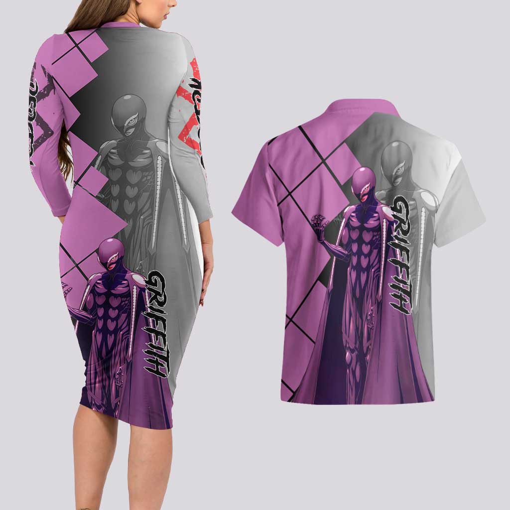 Griffith Berserk Couples Matching Long Sleeve Bodycon Dress and Hawaiian Shirt with White Falcon Armor and Strategic Battle Pose Design - The Mazicc