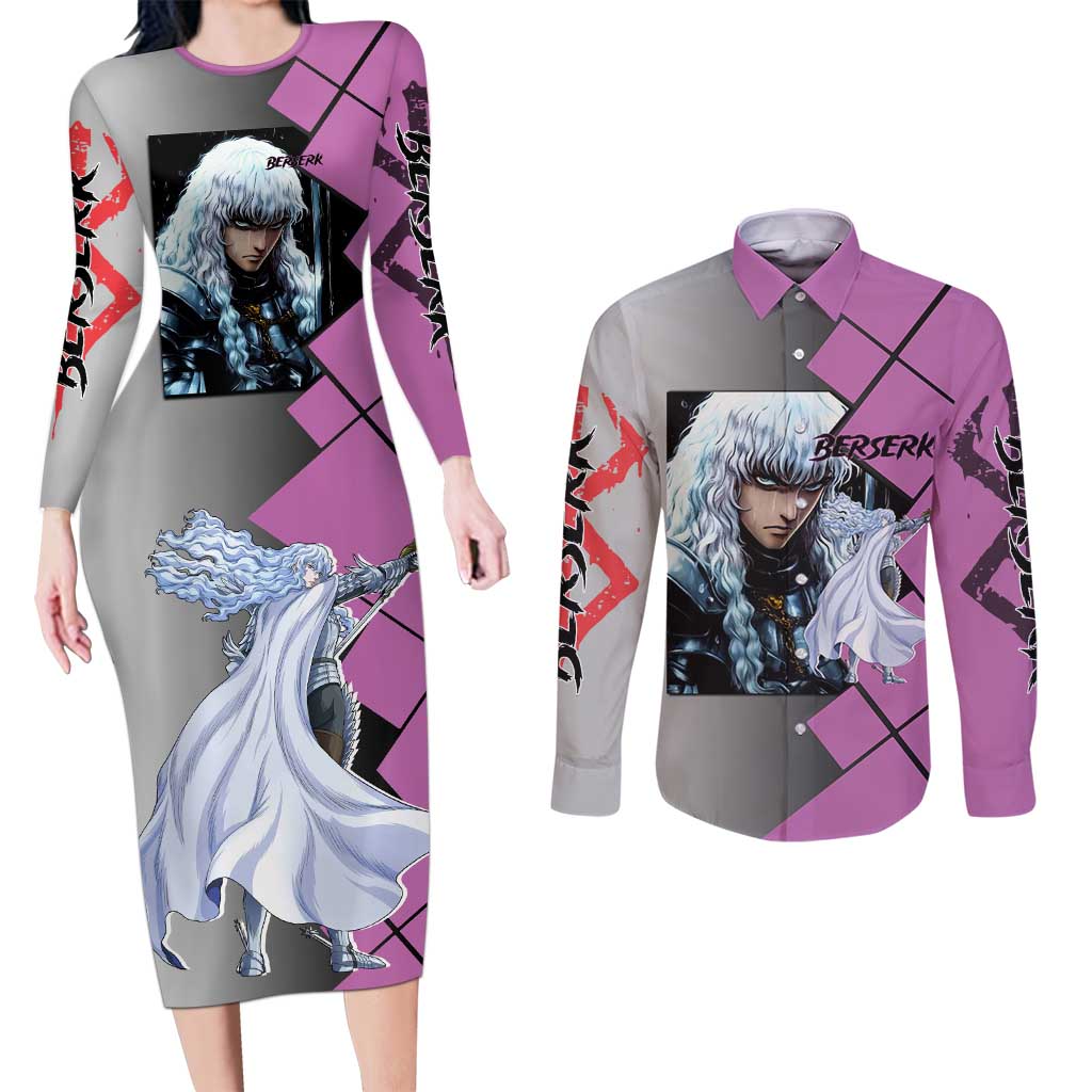 Griffith Berserk Couples Matching Long Sleeve Bodycon Dress and Long Sleeve Button Shirt with White Falcon Armor and Strategic Battle Pose Design - The Mazicc