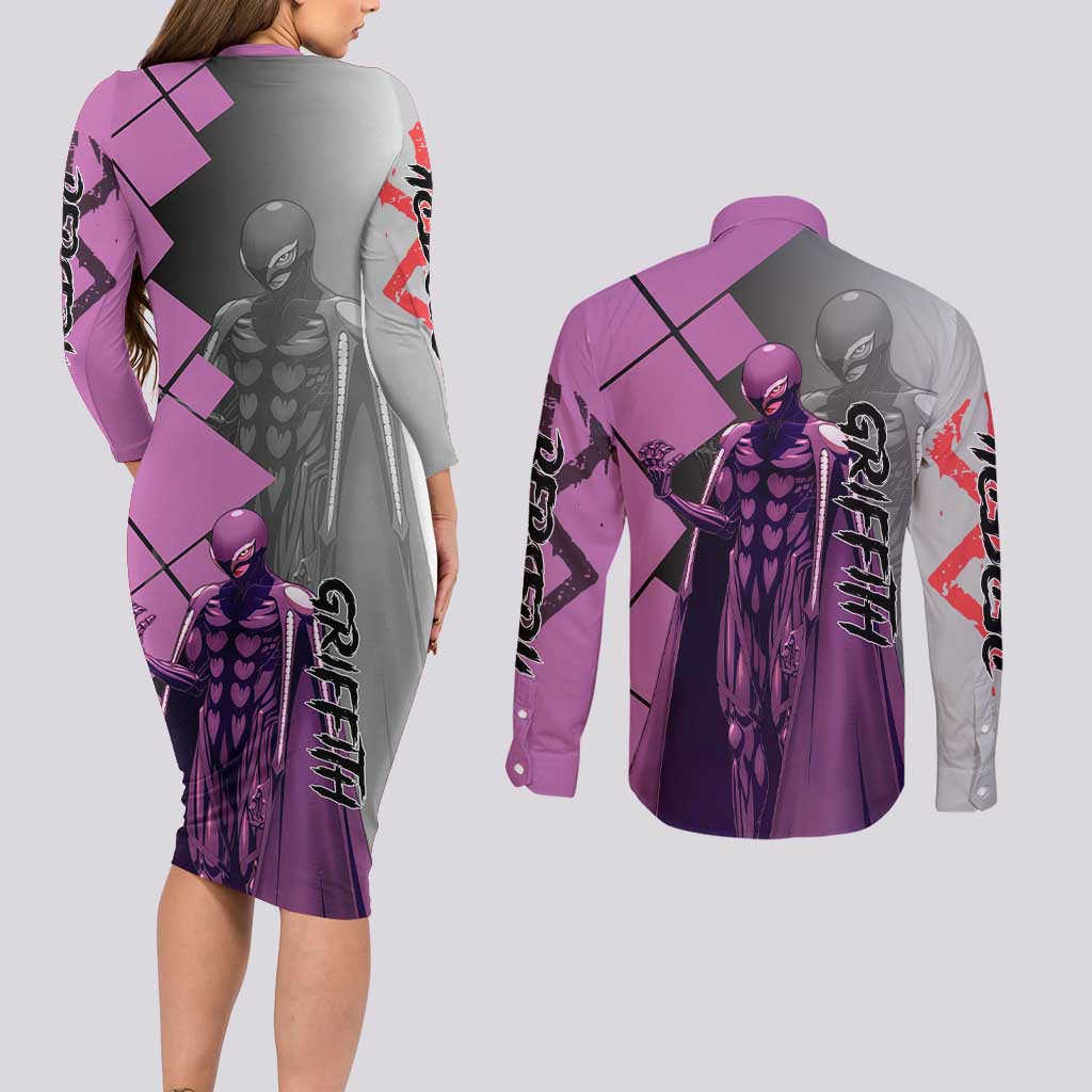 Griffith Berserk Couples Matching Long Sleeve Bodycon Dress and Long Sleeve Button Shirt with White Falcon Armor and Strategic Battle Pose Design - The Mazicc