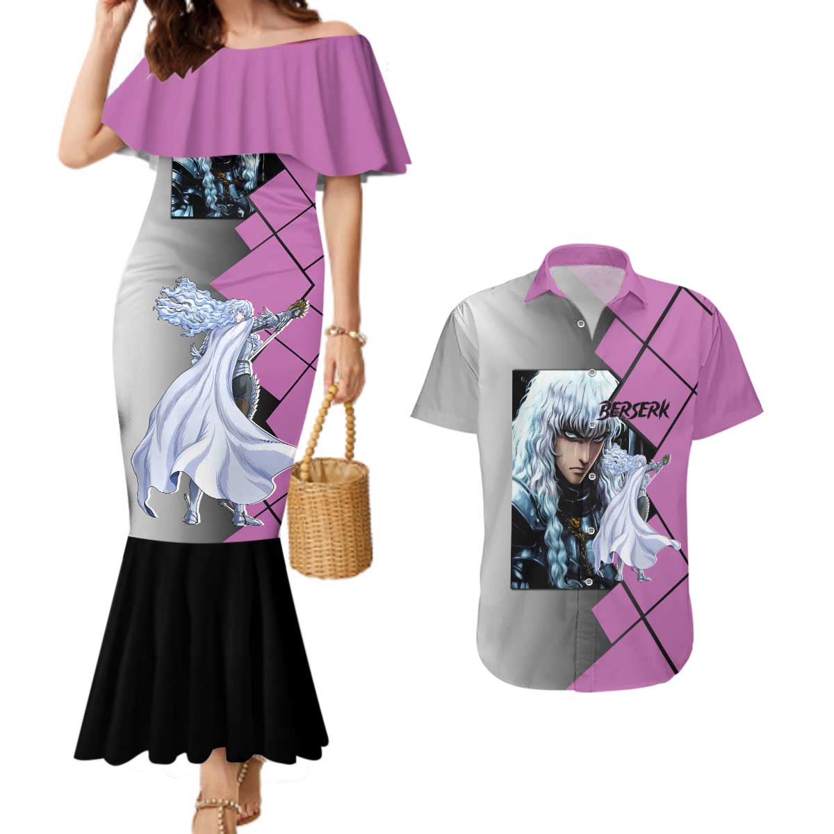Griffith Berserk Couples Matching Mermaid Dress and Hawaiian Shirt with White Falcon Armor and Strategic Battle Pose Design - The Mazicc