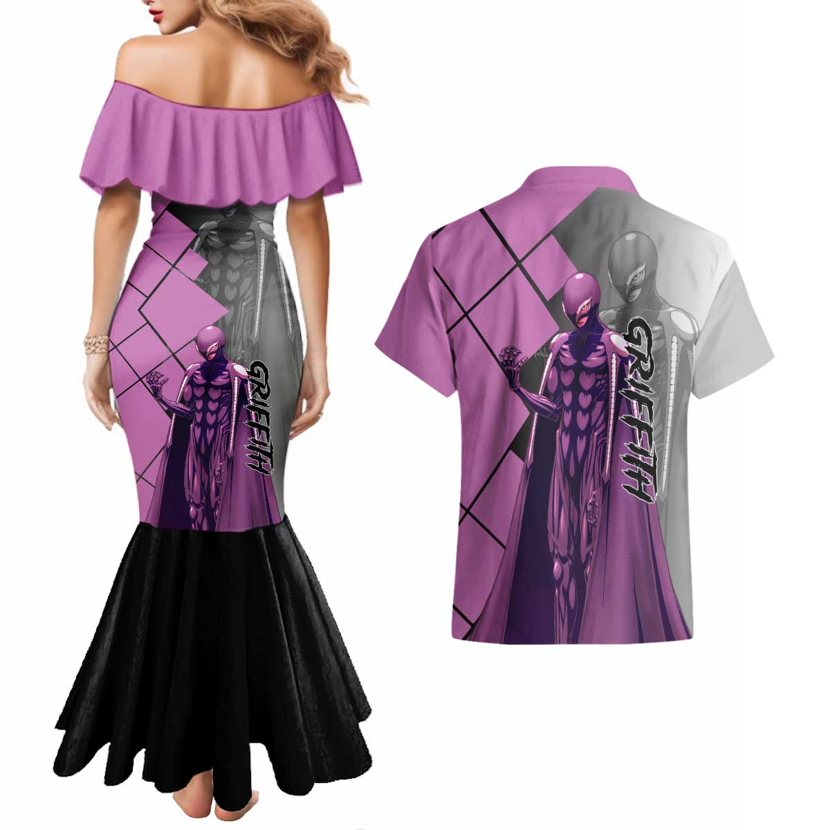 Griffith Berserk Couples Matching Mermaid Dress and Hawaiian Shirt with White Falcon Armor and Strategic Battle Pose Design - The Mazicc