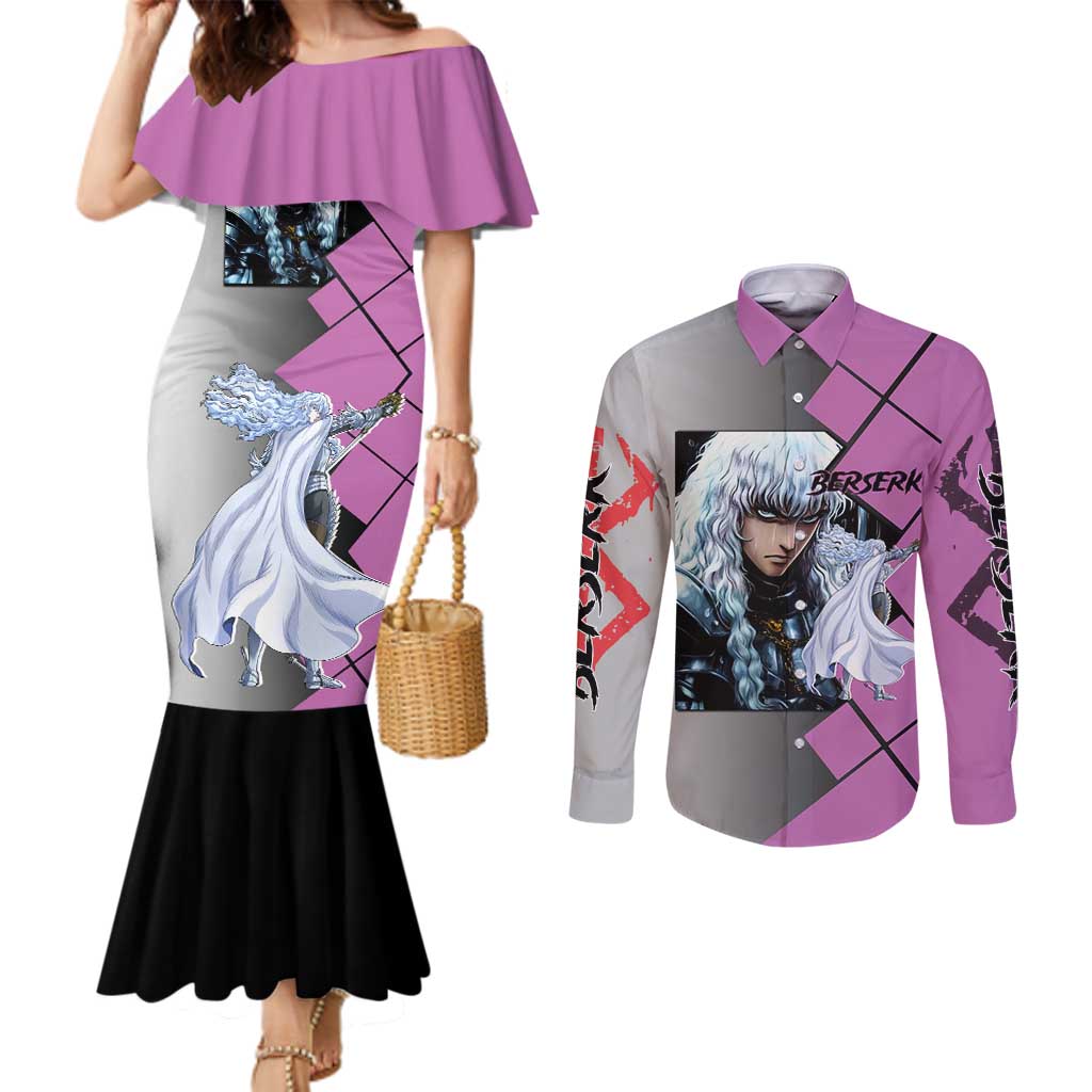 Griffith Berserk Couples Matching Mermaid Dress and Long Sleeve Button Shirt with White Falcon Armor and Strategic Battle Pose Design - The Mazicc