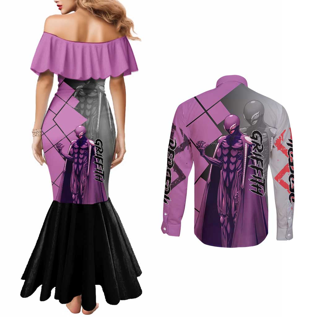 Griffith Berserk Couples Matching Mermaid Dress and Long Sleeve Button Shirt with White Falcon Armor and Strategic Battle Pose Design - The Mazicc