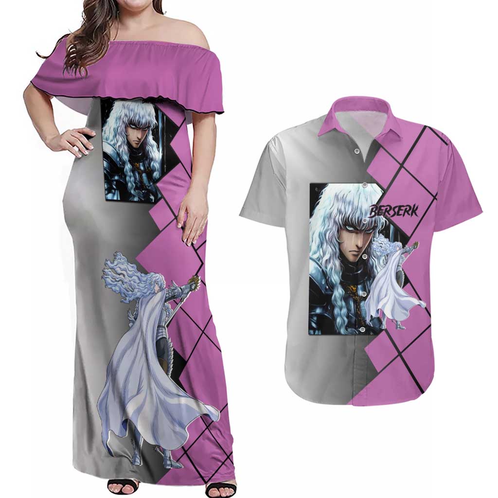 Griffith Berserk Couples Matching Off Shoulder Maxi Dress and Hawaiian Shirt with White Falcon Armor and Strategic Battle Pose Design - The Mazicc