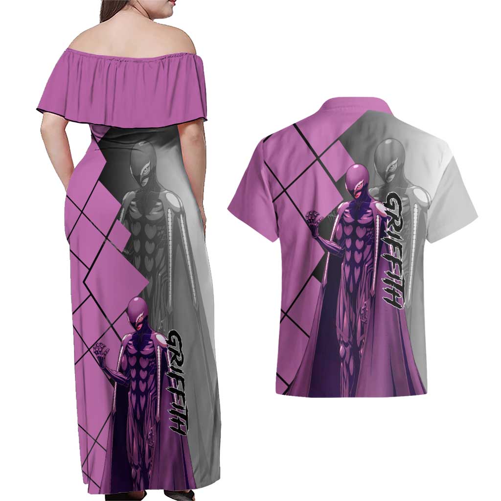 Griffith Berserk Couples Matching Off Shoulder Maxi Dress and Hawaiian Shirt with White Falcon Armor and Strategic Battle Pose Design - The Mazicc