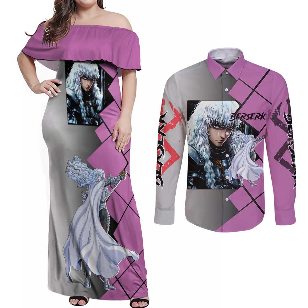 Griffith Berserk Couples Matching Off Shoulder Maxi Dress and Long Sleeve Button Shirt with White Falcon Armor and Strategic Battle Pose Design - The Mazicc