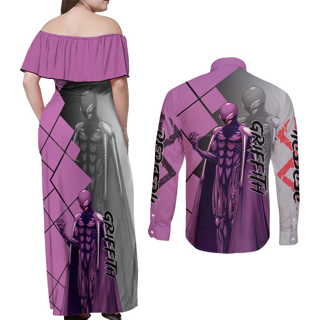 Griffith Berserk Couples Matching Off Shoulder Maxi Dress and Long Sleeve Button Shirt with White Falcon Armor and Strategic Battle Pose Design - The Mazicc
