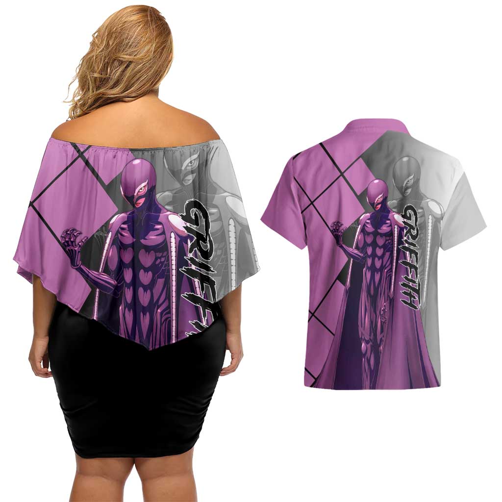 Griffith Berserk Couples Matching Off Shoulder Short Dress and Hawaiian Shirt with White Falcon Armor and Strategic Battle Pose Design - The Mazicc