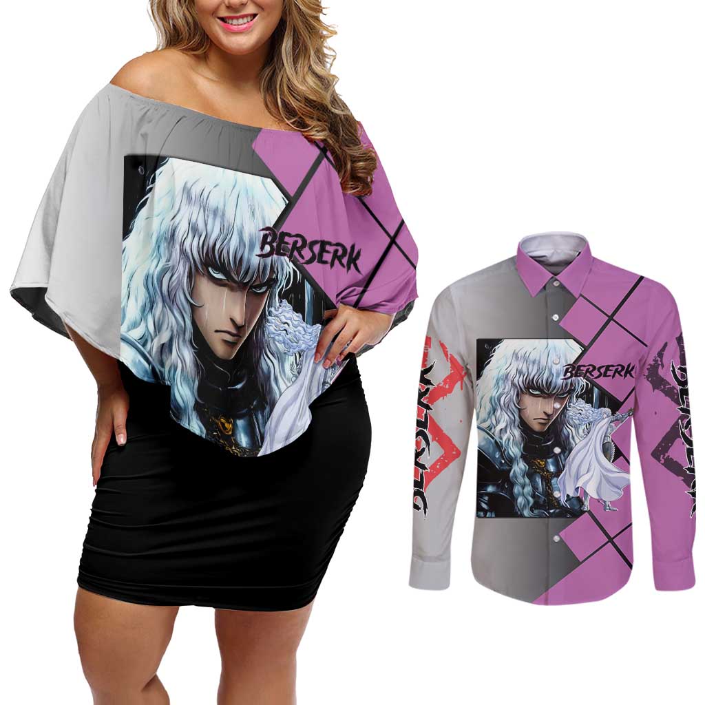 Griffith Berserk Couples Matching Off Shoulder Short Dress and Long Sleeve Button Shirt with White Falcon Armor and Strategic Battle Pose Design - The Mazicc