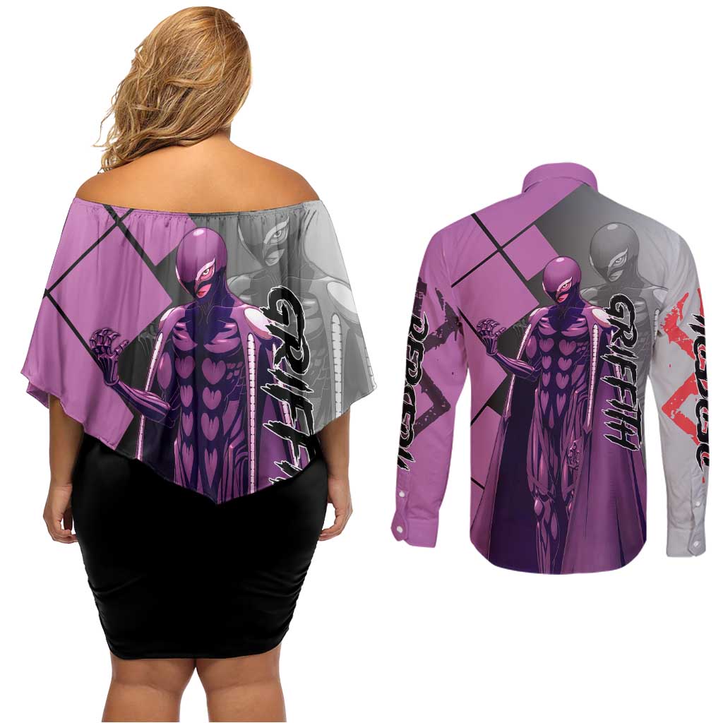 Griffith Berserk Couples Matching Off Shoulder Short Dress and Long Sleeve Button Shirt with White Falcon Armor and Strategic Battle Pose Design - The Mazicc