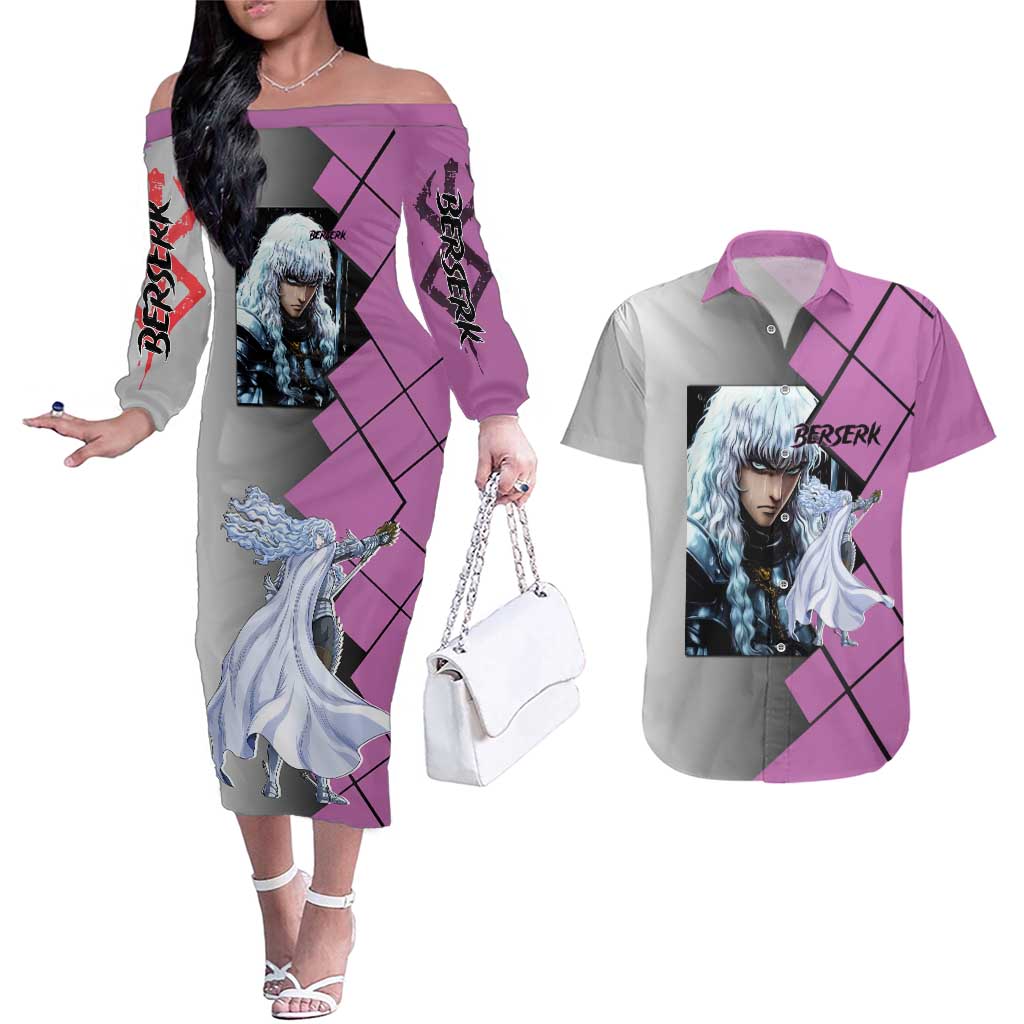 Griffith Berserk Couples Matching Off The Shoulder Long Sleeve Dress and Hawaiian Shirt with White Falcon Armor and Strategic Battle Pose Design - The Mazicc
