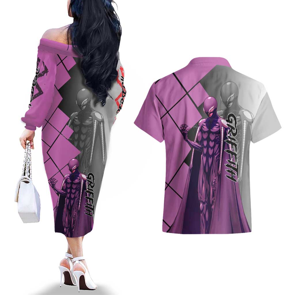 Griffith Berserk Couples Matching Off The Shoulder Long Sleeve Dress and Hawaiian Shirt with White Falcon Armor and Strategic Battle Pose Design - The Mazicc