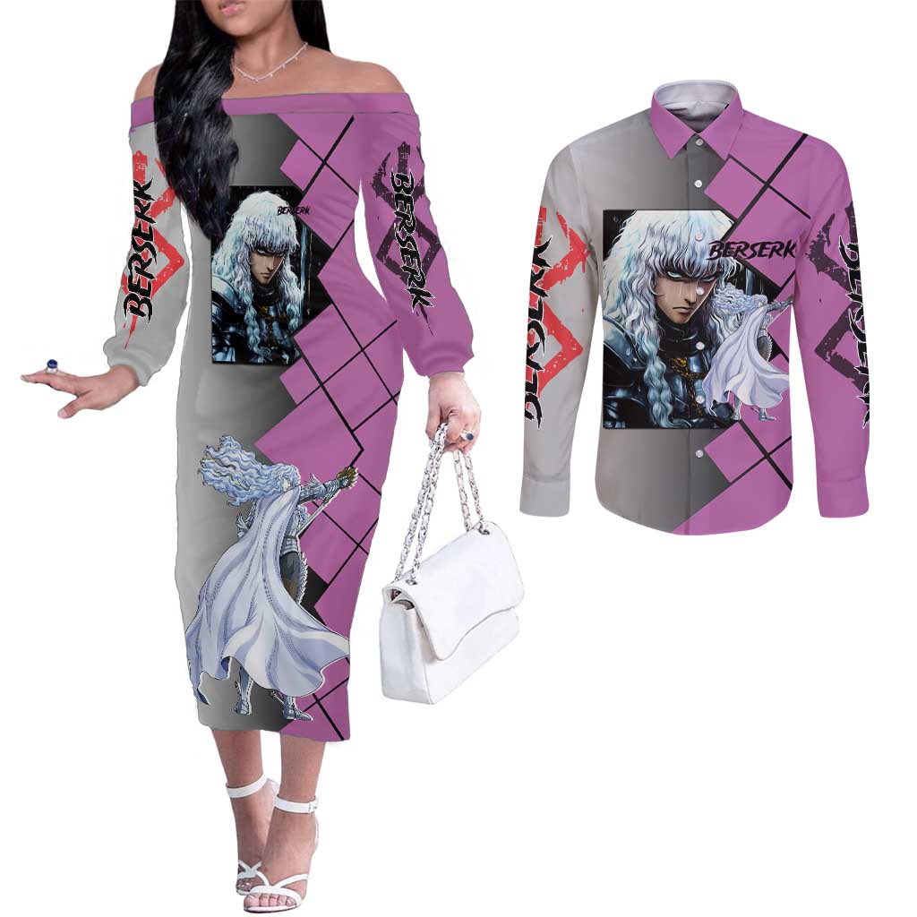 Griffith Berserk Couples Matching Off The Shoulder Long Sleeve Dress and Long Sleeve Button Shirt with White Falcon Armor and Strategic Battle Pose Design - The Mazicc
