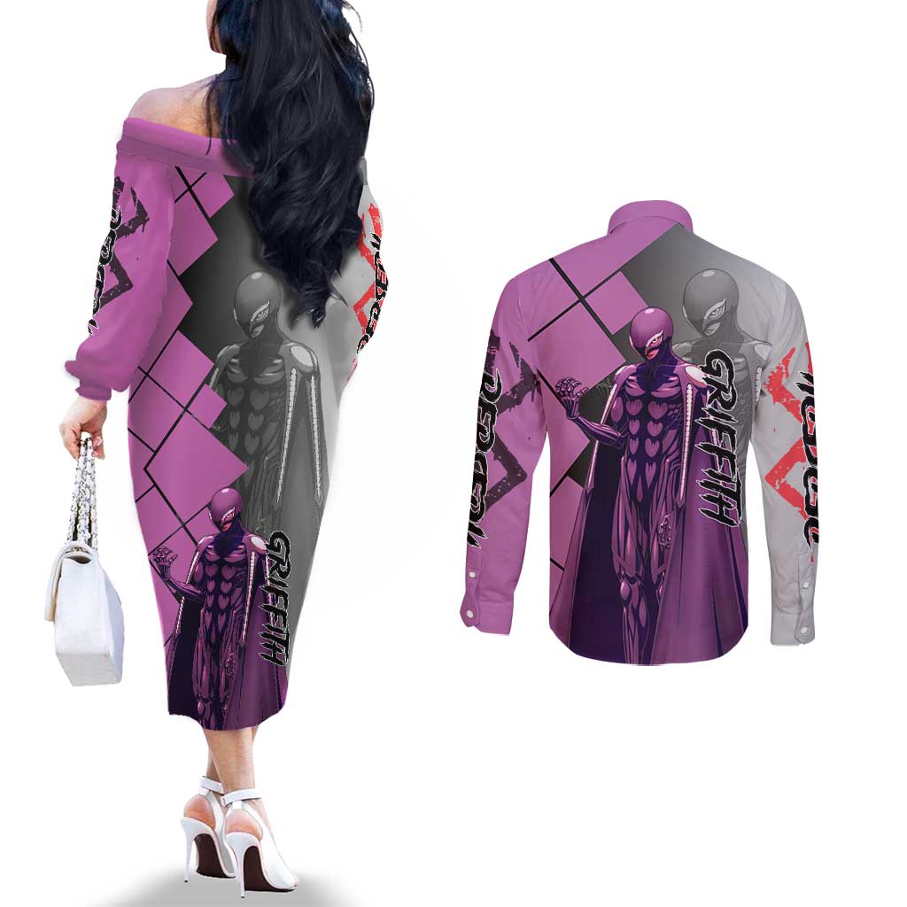 Griffith Berserk Couples Matching Off The Shoulder Long Sleeve Dress and Long Sleeve Button Shirt with White Falcon Armor and Strategic Battle Pose Design - The Mazicc