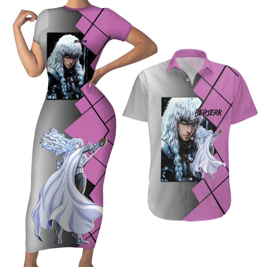 Griffith Berserk Couples Matching Short Sleeve Bodycon Dress and Hawaiian Shirt with White Falcon Armor and Strategic Battle Pose Design - The Mazicc