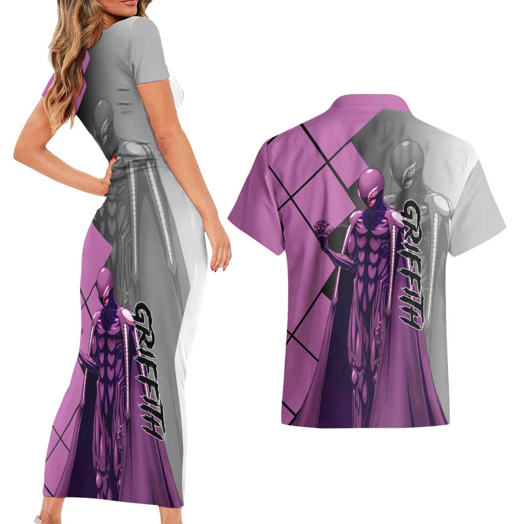 Griffith Berserk Couples Matching Short Sleeve Bodycon Dress and Hawaiian Shirt with White Falcon Armor and Strategic Battle Pose Design - The Mazicc