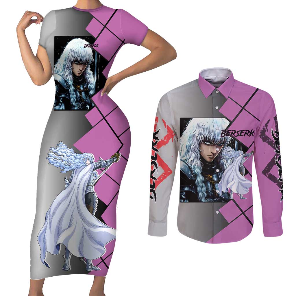 Griffith Berserk Couples Matching Short Sleeve Bodycon Dress and Long Sleeve Button Shirt with White Falcon Armor and Strategic Battle Pose Design - The Mazicc